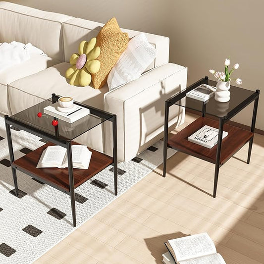 Set of 2 Glass End Table, 2-Layer Glass Living Room Table, Modern Tea Table Side Tables for Home Office Furniture