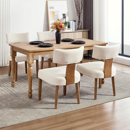 Mid Century Modern Dining Chairs, Upholstered Linen Fabric Chairs with Curved Backrest and Wood Legs, Comfy Kitchen Vanity Chairs for Dining Room/Living Room/Kitchen, Set of 6 Beige