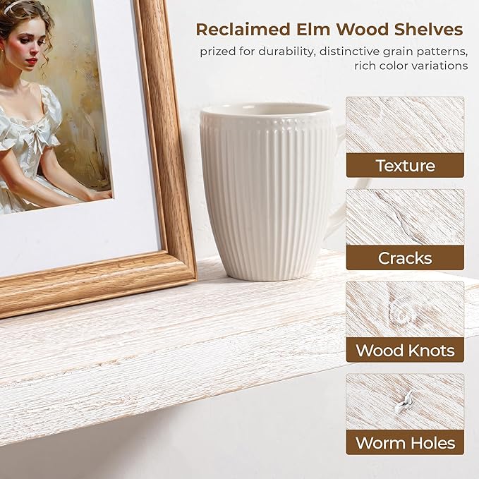 Axeman Floating Shelves for Wall, Rustic Elm Wood 48''W x 8" D Wall Shelf with Invisible Bracket, Large Long Wall Mounted Storage Shelves for Living Room, Bedroom, Kitchen, Bathroom Decor, White Wash