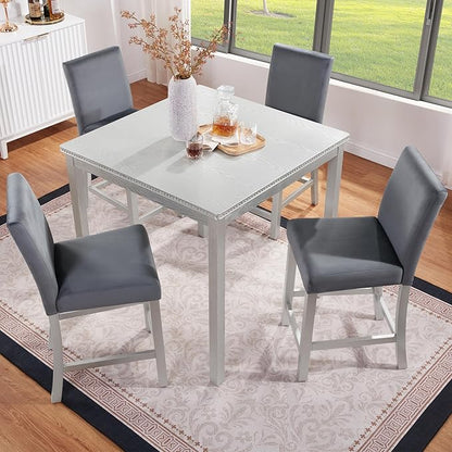 5 Piece Counter Height Table Set, Wooden Kitchen Table Set with Square Table and 4 Upholstered Chairs, Counter Height Dining Table with Crystal Decoration and Chair Set, Silver Grey