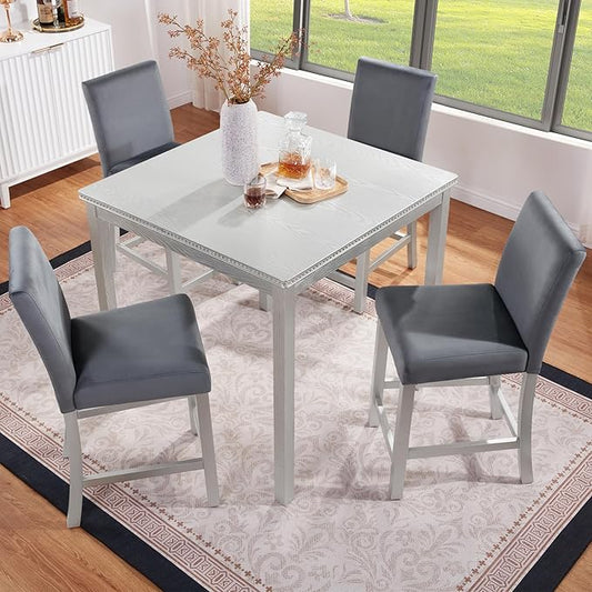5 Piece Counter Height Table Set, Wooden Kitchen Table Set with Square Table and 4 Upholstered Chairs, Counter Height Dining Table with Crystal Decoration and Chair Set, Silver Grey