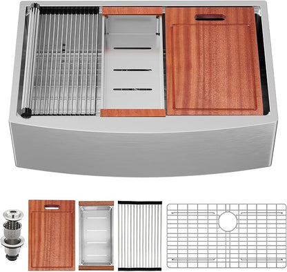 33x22 Inch Farmhouse Kitchen Sink – ALWEN 16 Gauge Scratch-Resistant Stainless Steel Workstation Apron Front Single Bowl Sink, R10 Radius, Ledge & Accessories Included