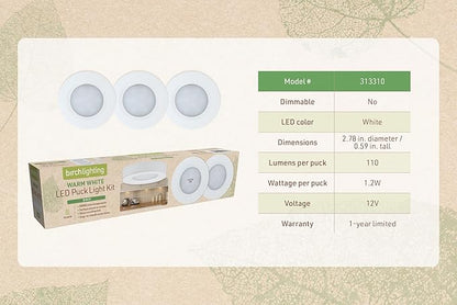 Under Cabinet LED Puck Lighting Kit with 3 Warm White 3000K LED Puck Lights, On/Off Switch & Plug in