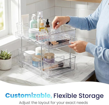 Masirs 2-Tier Clear Pull-Out Drawer Organizer - Sleek, Compact & Sturdy Makeup and Closet Organizer - Easy Assembly Kitchen Storage Solution, Ideal for Makeup, Tools, Medicines 4-Pack