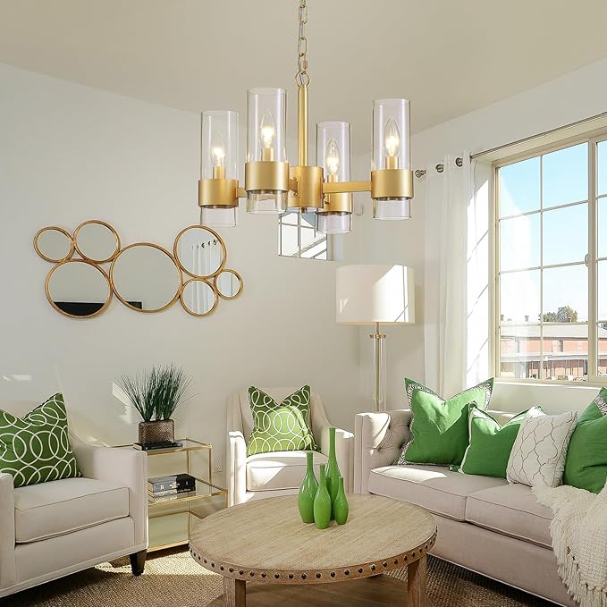 WUZUPS Industrial Chandelier 4-Light with Clear Glass Modern Farmhouse Round Light Fixture for Dining Room Kithen Island Foyer, Width 16.9" Height 12.2", Gold