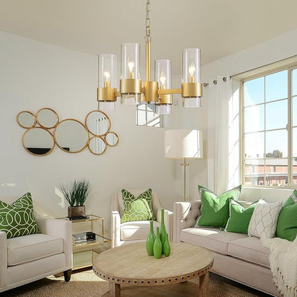 WUZUPS Industrial Chandelier 4-Light with Clear Glass Modern Farmhouse Round Light Fixture for Dining Room Kithen Island Foyer, Width 16.9" Height 12.2", Gold