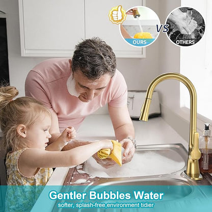 Brushed Gold Kitchen Faucet, Single Handle Gold Kitchen Sink Faucet with Pull Down Sprayer Modern Stainless Steel Brass Kitchen Faucet with Deck Plate Power Clean Spray Head 1 or 3 Hole
