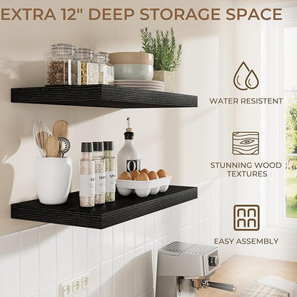 RICHFOCUS Deep Floating Shelves for Wall 2 Pack 12" D 24 Inch Wall Shelves for Room Wall|Wood Hanging Shelf with Invisible Brackets for Bathroom Bedroom Kitchen Laundry Room, Black