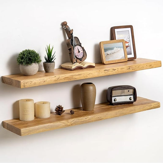 Fun Memories Floating Shelves for Wall Decor Set of 2-36 Inch Solid Elm Wood Live Edge - Rustic Natural Wall Shelves with Invisible Brackets - for Living Room, Bedroom, Kitchen - Natural Finish
