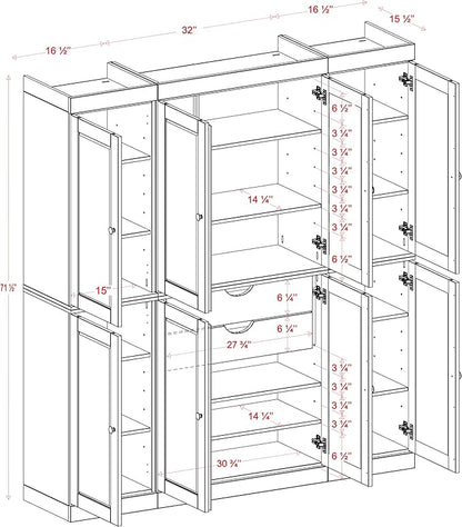 Palace Imports Solid Wood Pantry Cabinet - 71.5" Tall, 65" Wide Freestanding Storage Cabinet with 2-Drawer Kit & Adjustable Shelves – Sage, Renewable Eco-Friendly 100% Wood, Made in Brazil