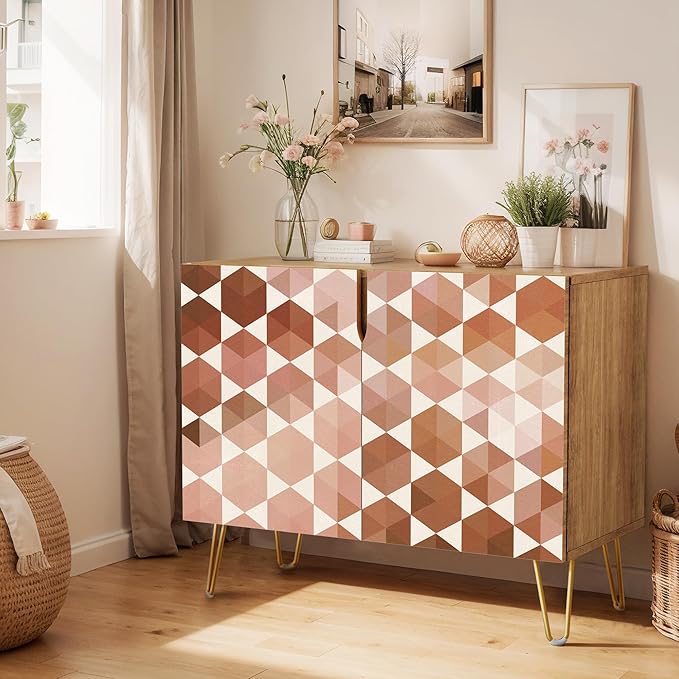 SIGNWIN Sideboard Buffet Cabinet, Kitchen Storage Cabinet with 2 Doors, Brown Pastel Mid-Century Polygons, Cupboard Console Table for Dining Room - 35" L x 18" W x 29" H