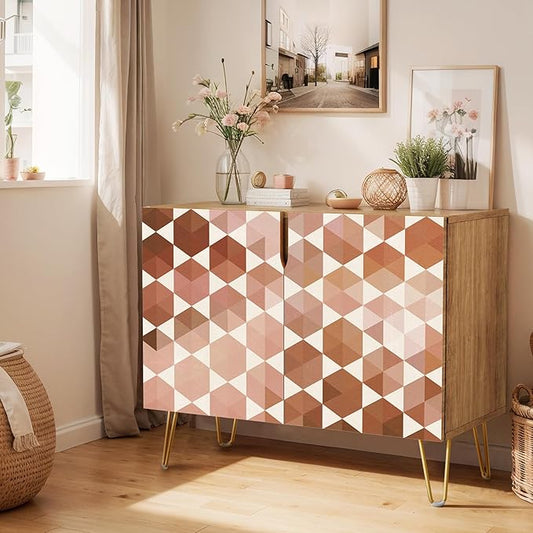 SIGNWIN Sideboard Buffet Cabinet, Kitchen Storage Cabinet with 2 Doors, Brown Pastel Mid-Century Polygons, Cupboard Console Table for Dining Room - 35" L x 18" W x 29" H