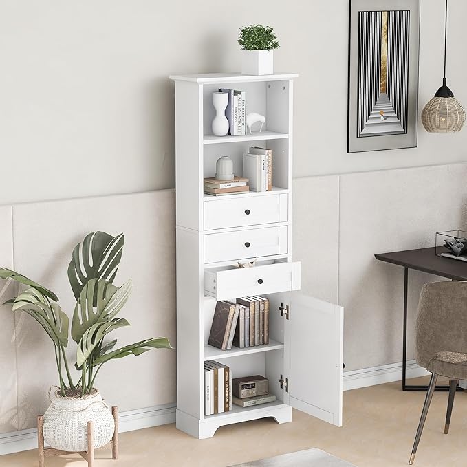 67" H Storage Cabinet with Drawers and Door, Tall Bookshelf Space Saver for Bathroom or Kitchen, Adjustable Shelf, White