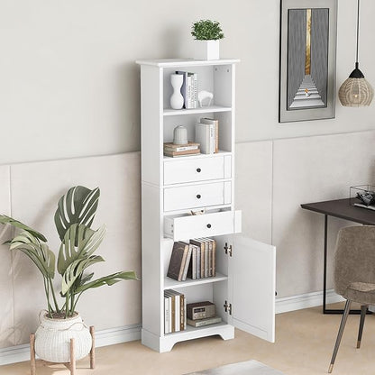 67" H Storage Cabinet with Drawers and Door, Tall Bookshelf Space Saver for Bathroom or Kitchen, Adjustable Shelf, White