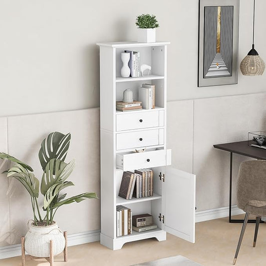 67" H Storage Cabinet with Drawers and Door, Tall Bookshelf Space Saver for Bathroom or Kitchen, Adjustable Shelf, White