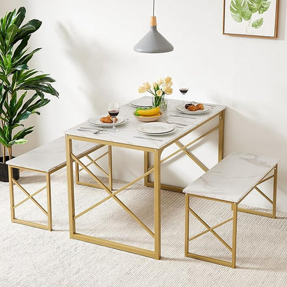 VECELO Kitchen Table with 2 Benches for 4, Wood Dining Room Dinette Sets with Metal Frame for Breakfast Nook and Small Space, Gold