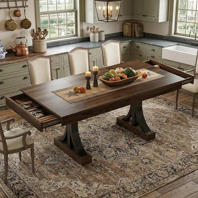 Garvee 71-Inch Wooden Kitchen Table with Two Drawers, Large Dining Table for 6-8 w/Large Tabletop & Sturdy Frame, Rectangular Dining Table with Double Pedestal, for Kitchen, Dinner