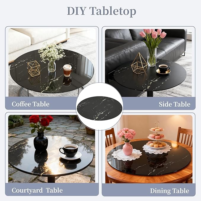Round Table Top Multiple Sizes - Tempered Glass with Marble Design, Shatter-Resistant & Heatproof Surface Protector, Multipurpose for Dining/Coffee/Patio/End Table DIY Replacement (Black, 24 inch)