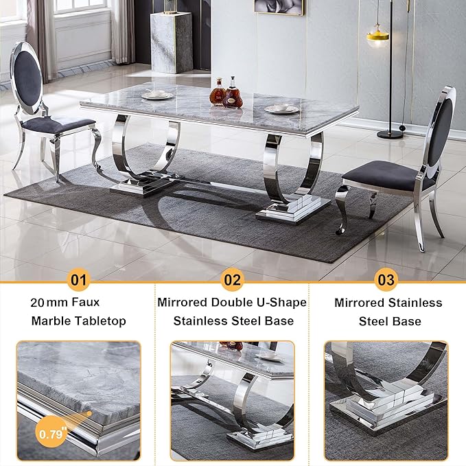 68" White Silver Marble Dining Table, Modern Kitchen Table with 0.79" Faux Marble Tabletop and Mirrored Stainless Steel Frame, Luxurious Rectangular Dining Room Table for Kitchen(No Chairs)