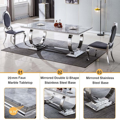 68" White Silver Marble Dining Table, Modern Kitchen Table with 0.79" Faux Marble Tabletop and Mirrored Stainless Steel Frame, Luxurious Rectangular Dining Room Table for Kitchen(No Chairs)