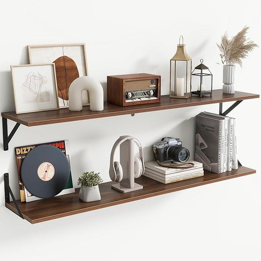 Acovy Floating Shelves for Wall,48" Wx8 D Wood Wall Shelves,Hanging Storage Floating Shelf with Metal Brackets,Wide Floating Bookshelf for Living Room,Office,Bedroom,Bathroom,Set of 2,Walnut