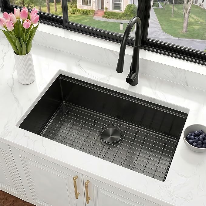 33x19 Inch Black Undermount Kitchen Sink, 16 Gauge 304 Stainless Steel Single Bowl Kitchen Sink, Workstation Sink with Accessories, 33x19x9 Large Deep Basin
