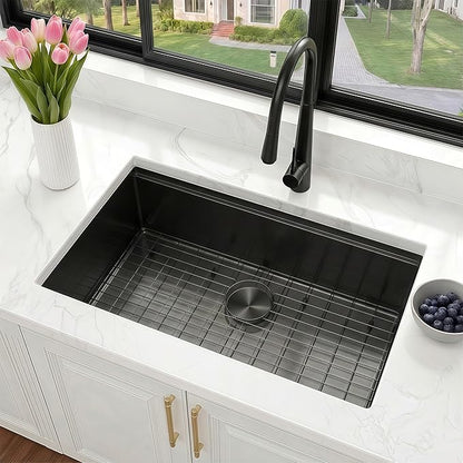 33x19 Inch Black Undermount Kitchen Sink, 16 Gauge 304 Stainless Steel Single Bowl Kitchen Sink, Workstation Sink with Accessories, 33x19x9 Large Deep Basin