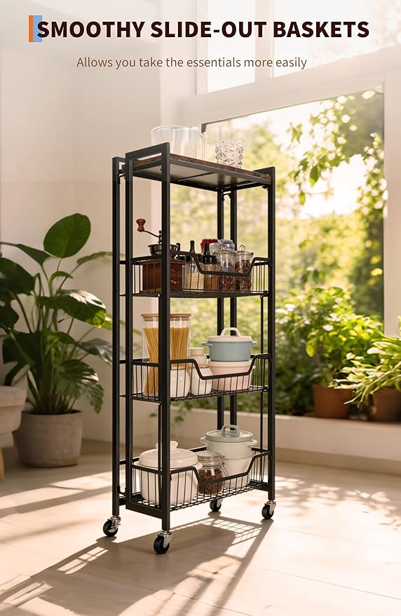 PeakPursuit Large 4-Tier Collapsible Wooden Storage Shelf – Heavy Duty 100 lbs Capacity, Locking Wheels – Space-Saving Organizer for Kitchen, Garage, Workshop, Home – No Assembly Required