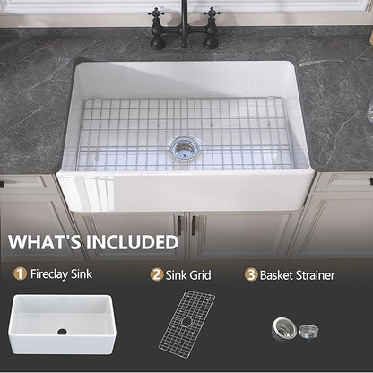 GETPRO White Farmhouse Kitchen Sink 30 inch Fireclay Apron Front Farm Sink Undermount Single Bowl Reversible Farmer House Style Kitchen Basin with Modern Accessories