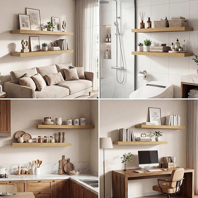 Dreamland 36 Inches Floating Shelves for Wall, 9.3" Deep Long Floating Shelves Set of 2, Large Display & Storage Shelf, Wall Shelf for Bathroom Bedroom Living Room Kitchen Office, Oak