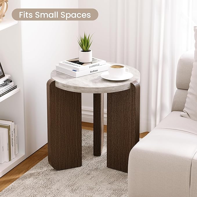 SUNBURY Side Table, Small Round End Table with 3 Legs, Nightstand for Small Spaces, Accent Table with Faux Marble Tabletopn for Living Room, Bedroom