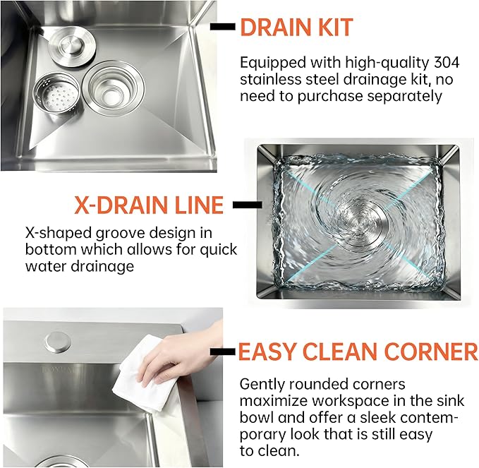 15x15 Inch Single Bowl Kitchen Sink,304 Stainless Steel Top Mount Kitchen Sinks Bar Sink,Handmade 16 Guage Small Kitchen Sink Brushed Nickel Deep Kitchen Sinks RV Sink