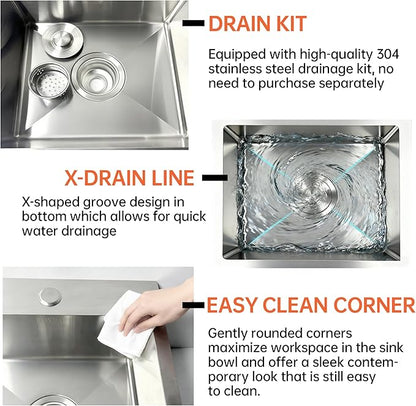15x15 Inch Single Bowl Kitchen Sink,304 Stainless Steel Top Mount Kitchen Sinks Bar Sink,Handmade 16 Guage Small Kitchen Sink Brushed Nickel Deep Kitchen Sinks RV Sink