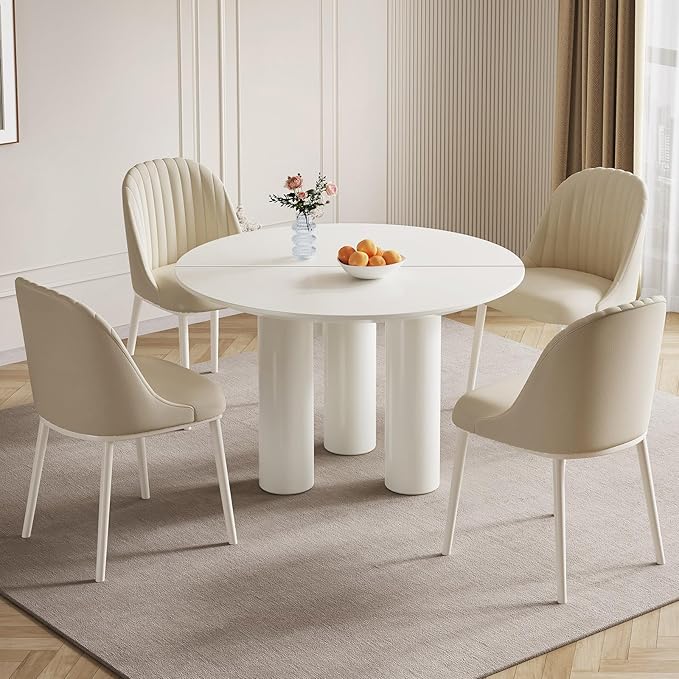 Miuuod 46in White Round Dining Table with 4 Chairs,Sturdy Kitchen Table,Large Center Coffee Table Set for 2-6 People,Leisure Round Table for Balcony Dining Room,Living Room