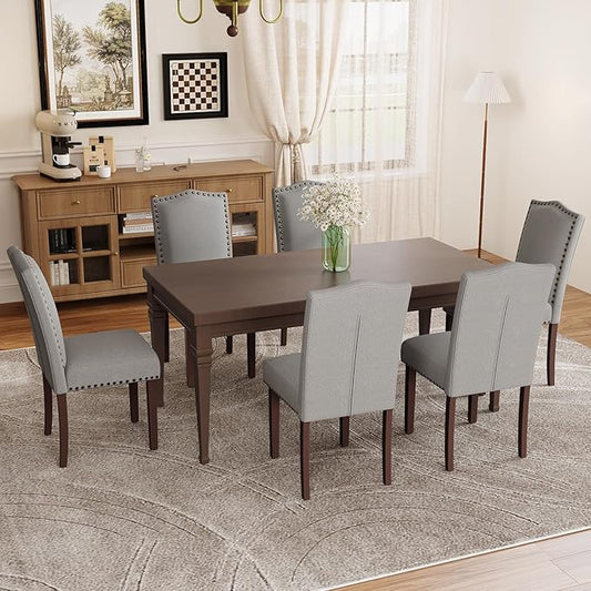 MALOL Dining Chairs Set of 6, Upholstered Soft Comfortable Parsons Chairs with High-Density Cushion, Solid Wood Legs & Nailhead Details for Dining Room, Kitchen, Living Room – Grey