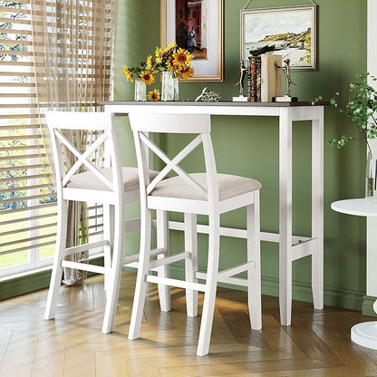 Farmhouse Dining Table Set,48" Rectangular Wood Bar Height Dining Set, Kitchen Breakfast Nook with 2 Upholstered Chairs for Small Places (Cherry+White/N*Bar)