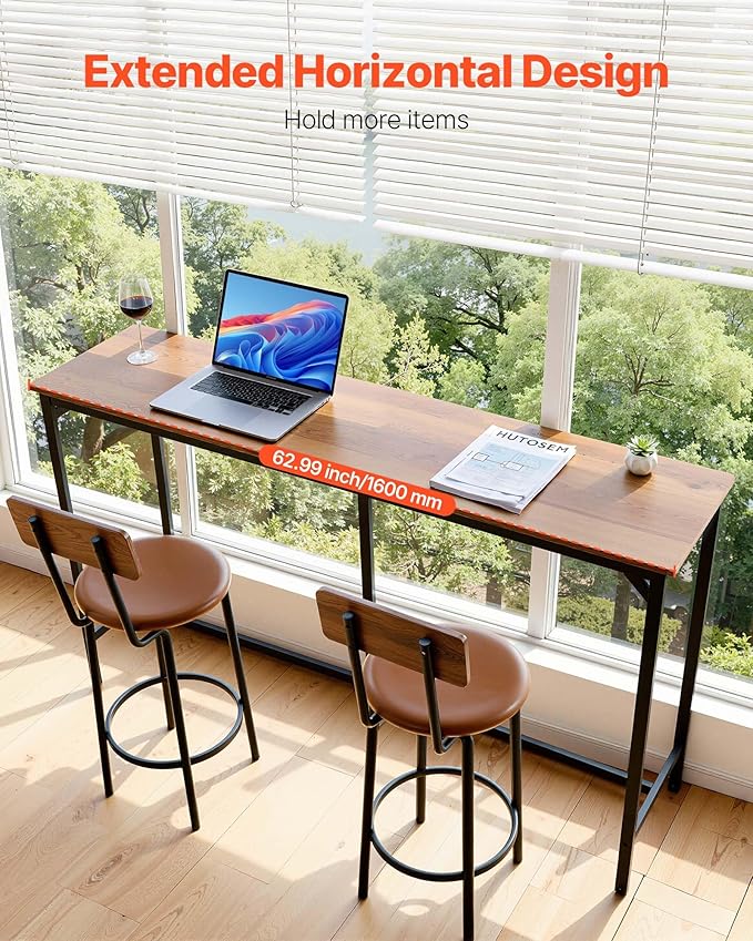 VEVOR Bar Table, Sturdy Metal Frame High Top Pub Table, Small Kitchen Dining, Cocktail Coffee Counter Bar Height Desk, Easy to Assemble, 63x16x36 in, for Living Room Party, Brown