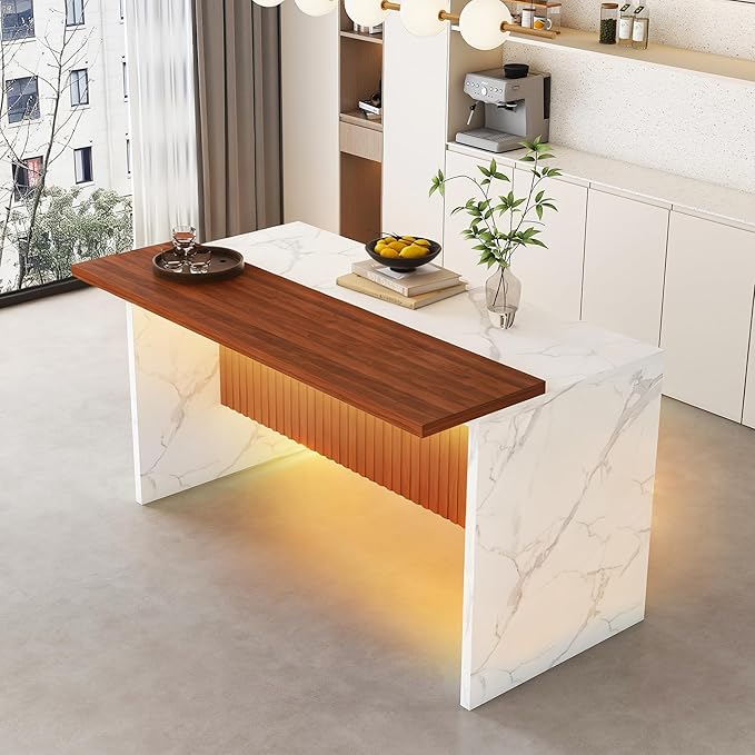 Runboll 63" Large Island Table for Kitchen with Multi-Color LED Lights, Modern Faux Marble Dining Table for 4-6 People, Kitchen Island with Grille Design for Dining Room, Home, Office, Living Room
