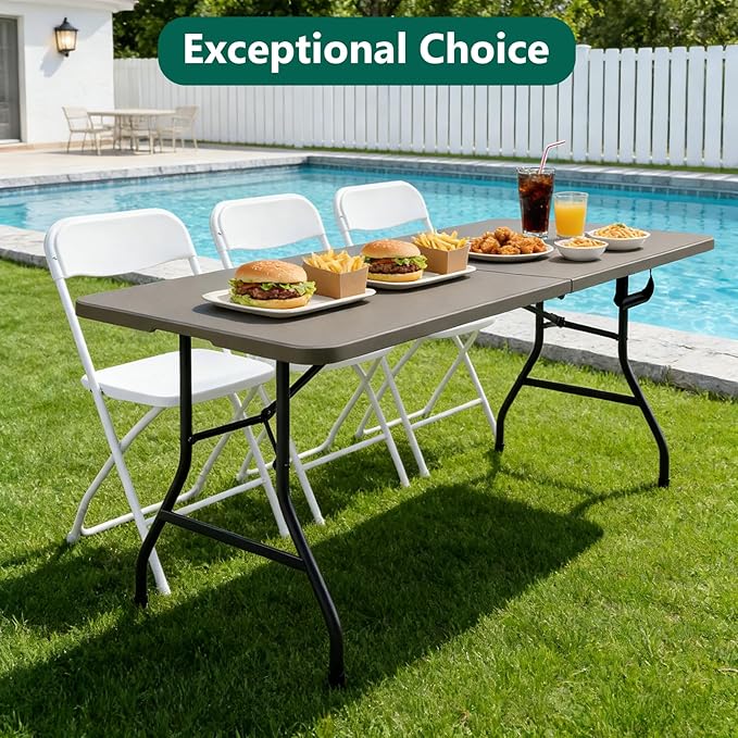 Folding Table 6ft - Heavy Duty Plastic Table with Handle, Foldable & Portable, Fold-in-Half Utility Tables for Outdoor, Dining, Wedding, Events, Indoor, Picnic, Camping, Party (Khaki)