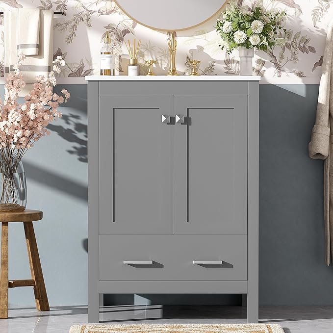 Favfurish 24" Modern Bathroom Vanity with Ceramic Sink, Freestanding Storage Cabinet w/2 Soft-Close Doors & 1 Drawer, Double-Layer Door Shelf, Solid Wood Frame for Small Bathrooms, Easy Assembly,Grey