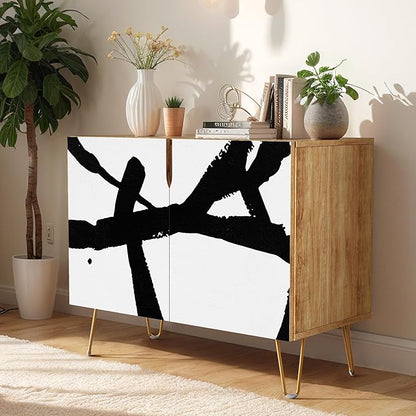 SIGNWIN Sideboard Buffet Cabinet, Kitchen Storage Cabinet with 2 Doors, Grunge Industrial Paint Strokes, Cupboard Console Table for Dining Room - 35" L x 18" W x 29" H