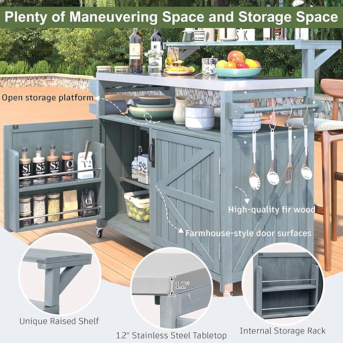 YOPTO 53.3" Outdoor Kitchen Island with Raised Shelf,Solid Wood Grill Cart,Stainless Steel Top,Adjustable Shelf,Spice Rack,Lockable Wheels,Grey Blue