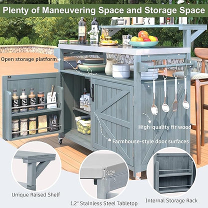 YOPTO 53.3" Outdoor Kitchen Island with Raised Shelf,Solid Wood Grill Cart,Stainless Steel Top,Adjustable Shelf,Spice Rack,Lockable Wheels,Grey Blue