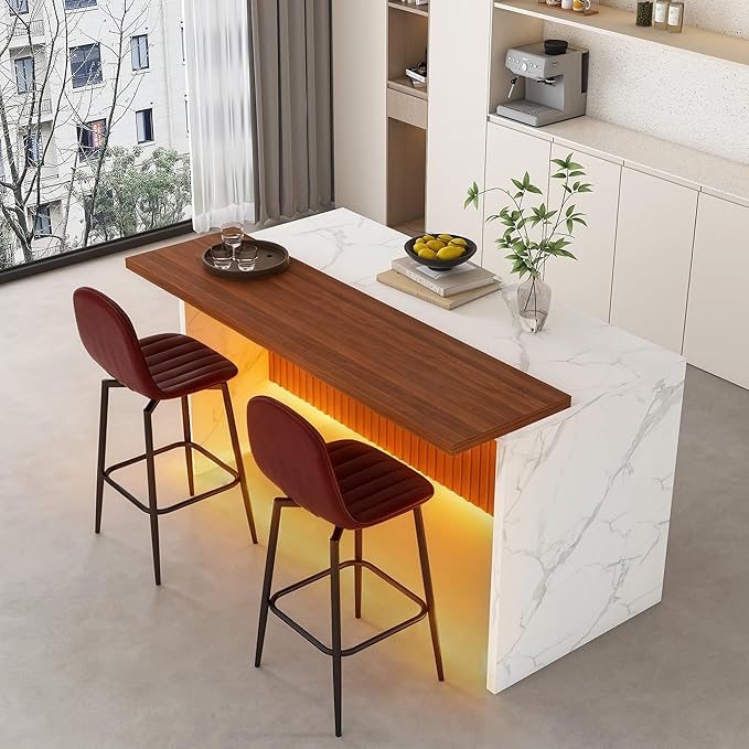 62.99" Modern Kitchen Island Set (White + Walnut) with 2 Dark Brown Bar Stools - Marble-Look MDF Surface, Adjustable LED Lights (3 Color Temps), Grille Design，Seats 4 for Dining/Lounge
