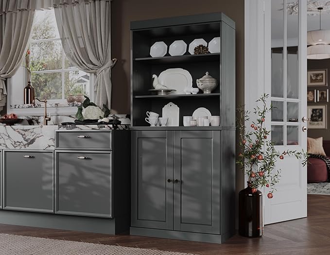 Palace Imports 100% Solid Wood Kitchen Pantry w/ 2 Wood Doors, Gray, 32" w x 71.5" h, Renewable Eco-Friendly Pine, Made in Brazil
