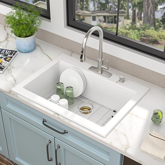 30 Granite Composite Kitchen Sink - Fulorni 30"x22" Granite Kitchen Sink Ledge Workstation Drop In Topmount White Quartz Classic Above Counter Single Bowl Basin
