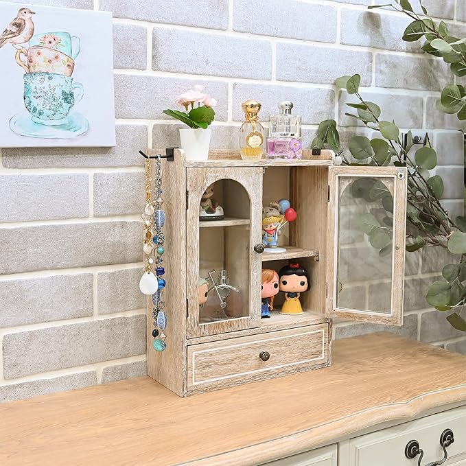 Ikee Design Wooden Countertop Storage Cabinet with Magnetic Door, Adjustable Shelves, Removable Hooks and Drawer for Perfume, Makeup, Pantry, Vintage White, 12.2 W x 6 D x 15.7 H in