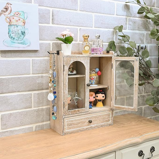 Ikee Design Wooden Countertop Storage Cabinet with Magnetic Door, Adjustable Shelves, Removable Hooks and Drawer for Perfume, Makeup, Pantry, Vintage White, 12.2 W x 6 D x 15.7 H in