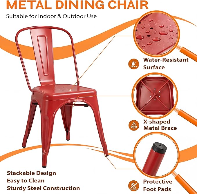 Shahoo Metal Dining Chairs Classic Iron Stackable Industrial Vintage Trattoria with Back, Indoor-Outdoor Side Settee for Home Bistro Cafe Kitchen Restaurant Set of 4, Red