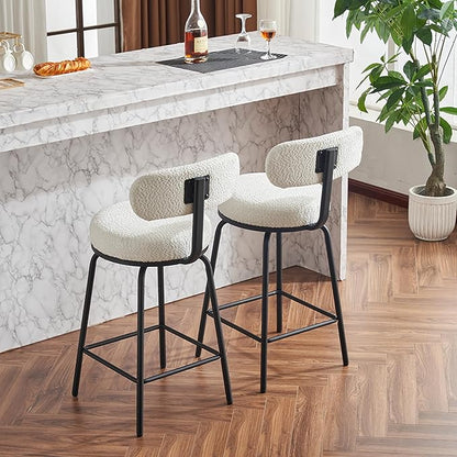 Modern Swivel Bar Stools Set of 2, Boucle Upholstered Counter Height Bar Chairs with Metal Legs Footrest, 360° Swivel Bar stools for Kitchen Island, Dining Room, White